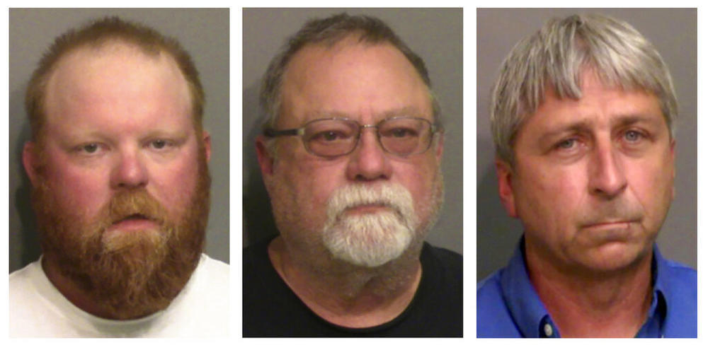  This combo of booking photos provided by the Glynn County, Ga., Detention Center, shows from left, Travis McMichael, his father Gregory McMichael, and William "Roddie" Bryan Jr. All three men are charged with murder in the killing of Ahmaud Arbery.