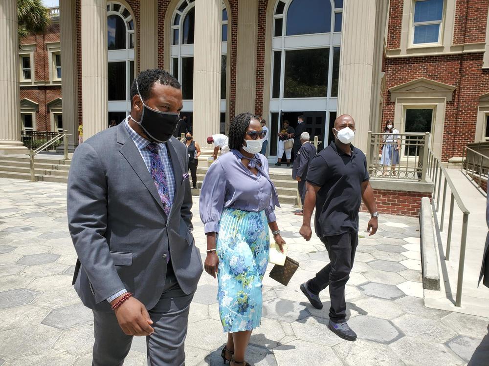 Wanda Cooper-Jones, the mother of Ahmaud Arbery, leaves the courthouse on July 17, 2020. She asked a judge not to release the man who filmed the killing of her son.