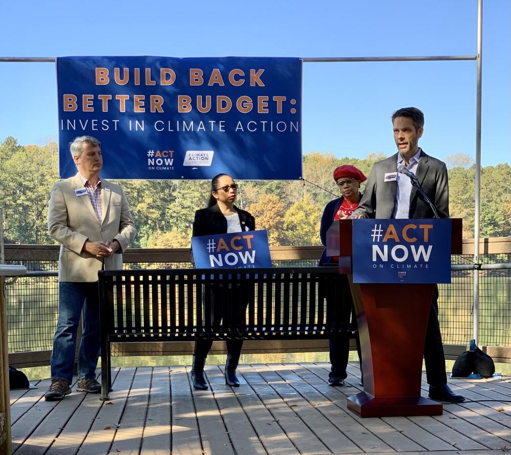 Doraville Mayor Joseph Geierman calls on Congress to pass the Build Back Better Act, which will provide significant resources to slow down climate change. A press conference was held at Brookhaven’s Murphey Candler Park with, left to right, by Brookhaven Mayor John Ernst, Cobb County Sustainability’s Arjho Turner, and Moms Clean Air Force’s Almeta Cooper.