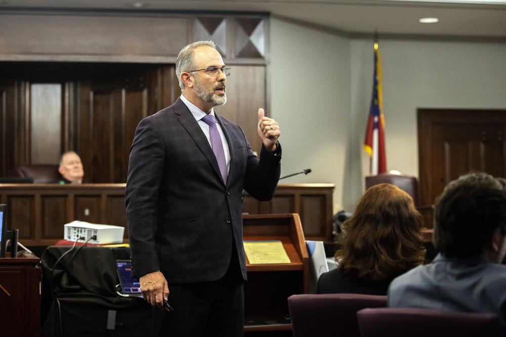 Defense attorney Jason B. Sheffield presents a closing argument to the jury during the trial of Travis McMichael, his father, Gregory McMichael, and William "Roddie" Bryan, at the Glynn County Courthouse, Monday, Nov. 22, 2021, in Brunswick, Ga.