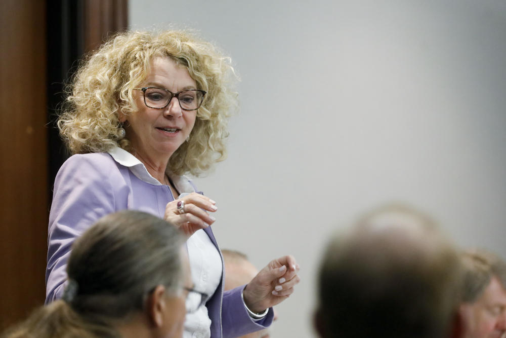 Defense attorney Laura Hogue speaks during the trial of Greg McMichael and his son, Travis McMichael, and a neighbor, William "Roddie" Bryan at the Glynn County Courthouse, Friday, Nov. 19, 2021, in Brunswick, Ga.