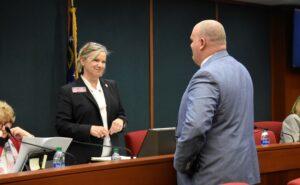 House Redistricting Committee Chair Bonnie Rich and Rep. Philip Singleton speak before the Monday, Nov. 8 committee hearing. The map produced by the committee could determine the future of Singleton’s political career.