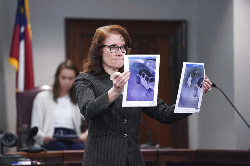 Prosecutor Linda Dunikoski shares evidence during the trial of the killers of Ahmaud Arbery at the Glynn County Courthouse on Thursday, Nov. 18, 2021, in Brunswick, Ga.