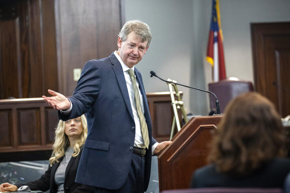 William "Roddie" Bryan's defense attorney Kevin Gough presents a closing statements to the jury during the trial of he and Travis McMichael, and his father, Gregory McMichael, at the Glynn County Courthouse, Monday, Nov. 22, 2021, in Brunswick, Ga. 
