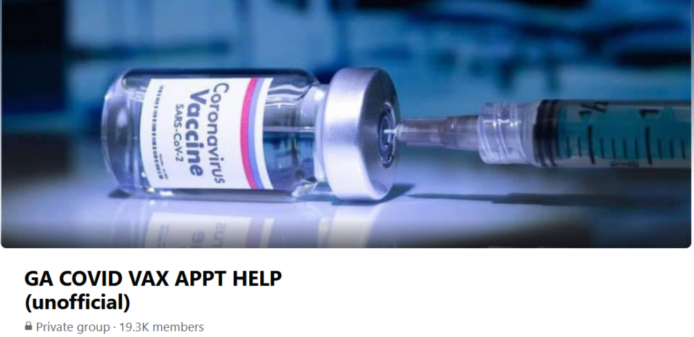 Screenshot of Facebook group cover image of covid vaccine bottle