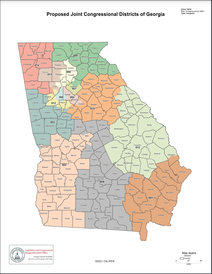 The Republican House and Senate proposal for Georgia's 14 Congressional districts, released Nov. 17, 2021, would flip the 6th Congressional District to likely Republican control.