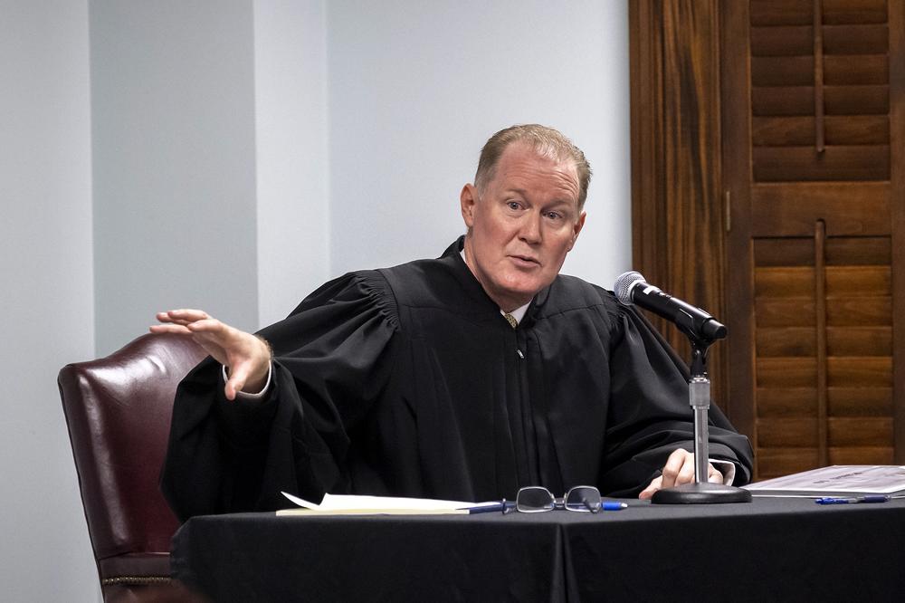 Superior Court Judge Timothy Walmsley gives instructions to a pool of prospective jurors during jury selection for the trial of Greg and Travis McMichael and William "Roddie" Bryan, at the Glynn County Courthouse, Monday, Oct. 25, 2021, in Brunswick, Ga.