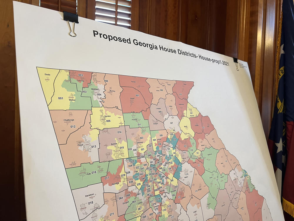 A proposed map of Georgia's 180 state House districts sits outside the chamber before lawmakers approved it on a mostly party-line vote in 2021.
