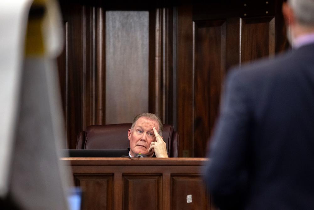 Superior Court Judge Timothy Walmsley responds to an objection by the prosecution during the trial of Greg McMichael and his son, Travis McMichael, and a neighbor, William "Roddie" Bryan in the Glynn County Courthouse, Tuesday, Nov. 9, 2021, in Brunswick, Ga.