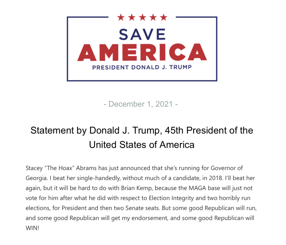 Statement by former President Donald Trump on Abrams' gubernatorial candidacy announcement
