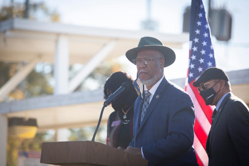 U.S. Rep. Calvin Smyre thanks local transit workers on Nov. 23, 2021, at the METRA Transit System in Columbus, Ga. Ossoff and other Georgia Democrats are traveling through the state to recognize the bipartisan infrastructure deal passed last week.