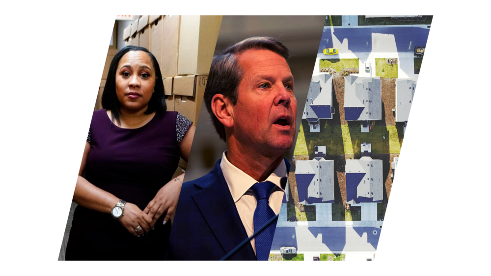 An illustration of Fani Willis, Brian Kemp and suburban homes.