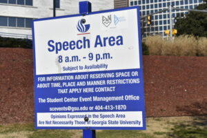 A sign on the Georgia State University campus denotes a free speech zone.
