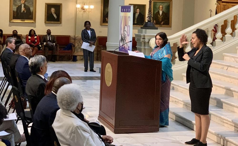 Swati Kulkarni, consulate general of India, Atlanta, describes how Martin Luther King Jr. and Mohandas Gandhi’s philosophy on nonviolent civil disobedience became a catalyst for social change. Kulkarni spoke at Friday’s celebration of King at the Georgia Capitol. 