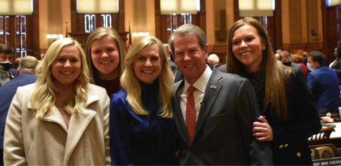  Gov. Brian Kemp, first lady Marty Kemp and their daughters Jarrett, Lucy and Amy Porter exit the House chamber after the governor’s 2022 State of the State address.