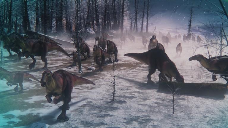 Dinosaurs in a snowy forest.