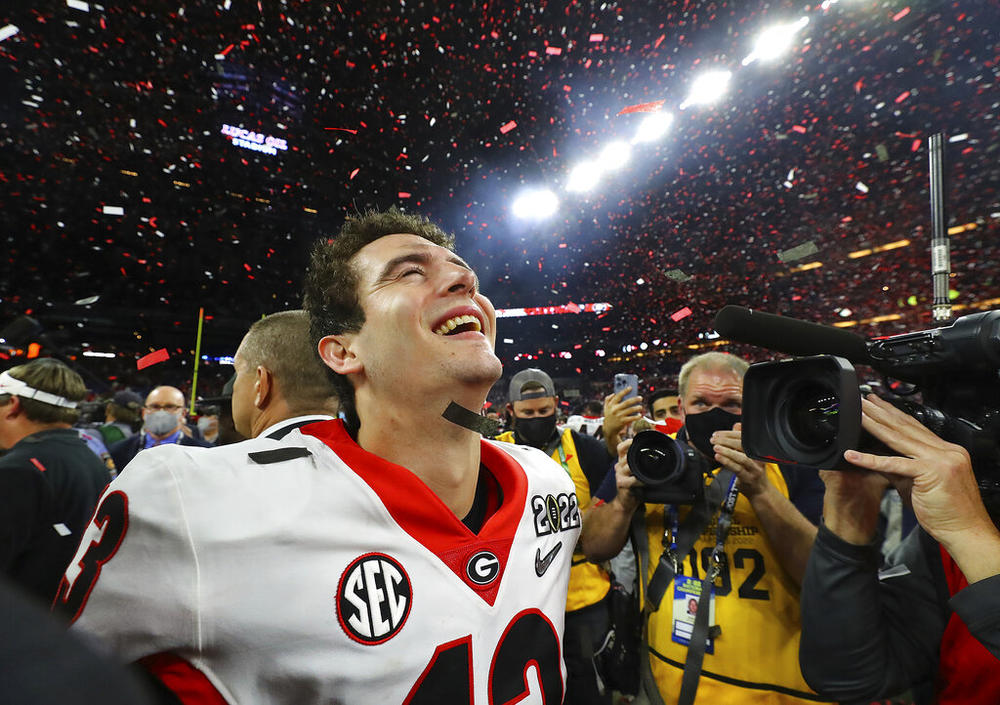 Georgia quarterback Stetson Bennett reacts to winning the College Football Playoff championship game, late Monday, Jan. 10, 2022, in Indianapolis, against Alabama.