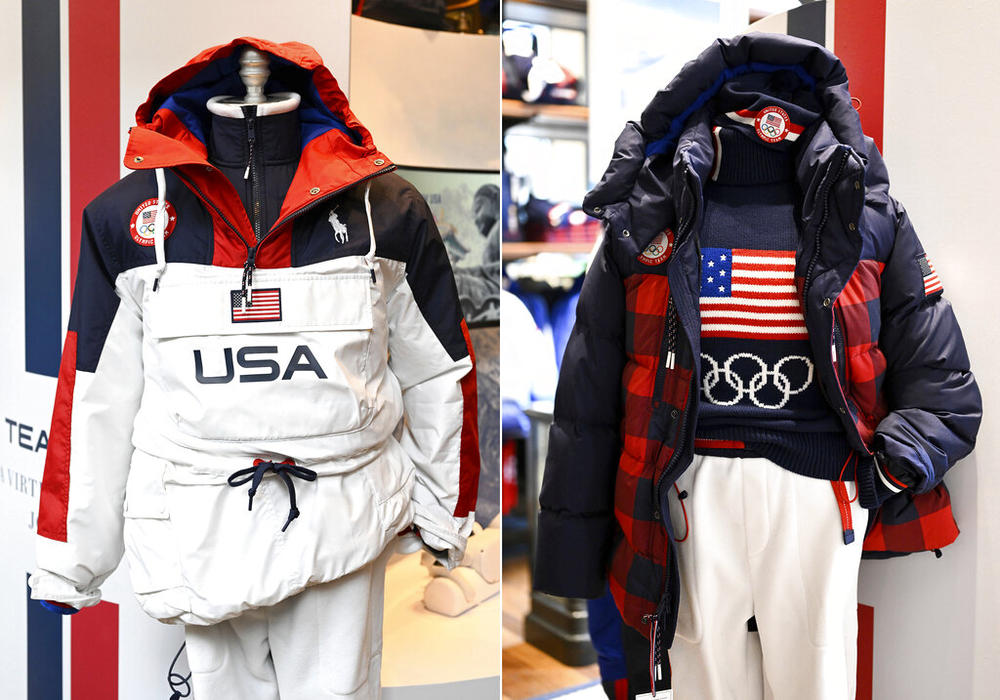 This combination of photos shows uniforms for the Team USA Beijing winter Olympics opening ceremony, left, and closing ceremony, designed by Ralph Lauren, on display Wednesday, Jan. 19, 2022, in New York. 