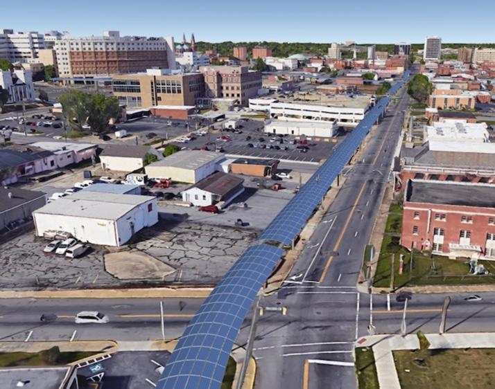 Solar panels atop the aerial rail line would power the network which would run around the clock. 