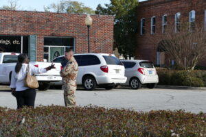 A soldier in downtown Hinesville engaged in an animated conversation Saturday afternoon. Fewer uniformed soldiers than usual were spotted lately on streets near Fort Stewart. 
