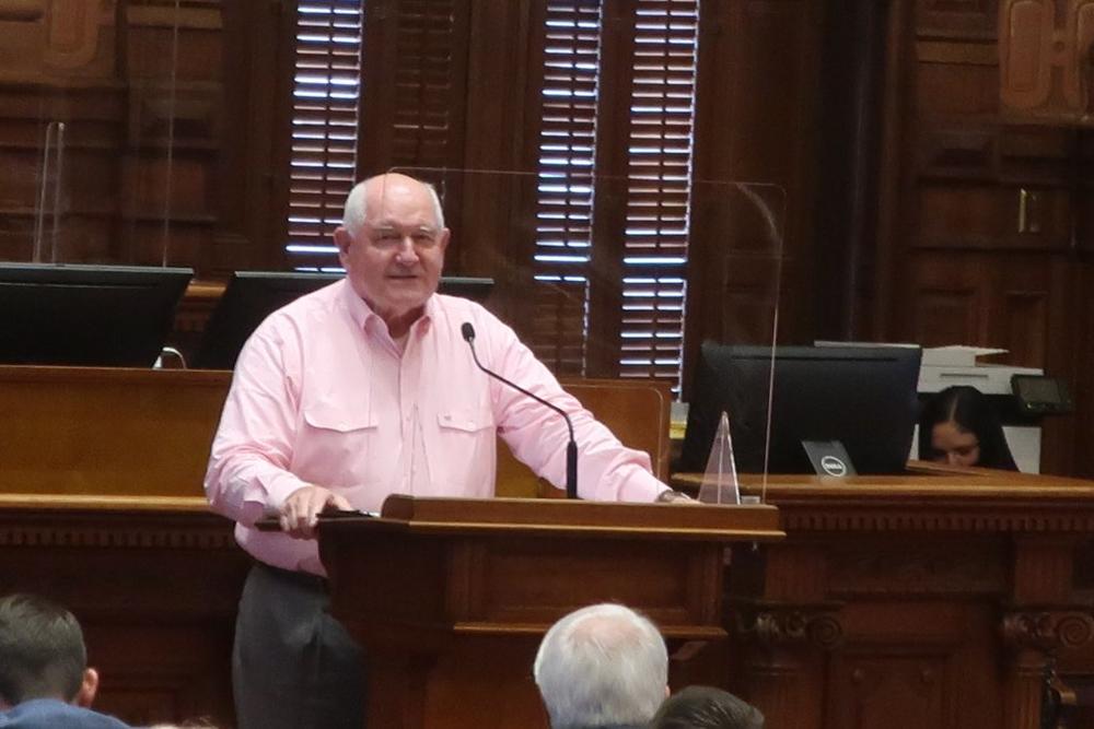 Former Georgia Gov. Sonny Perdue spoke to Republican state lawmakers at the Capitol Nov. 9 2020 during the party’s caucus elections. 