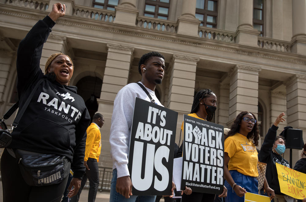 A group of protestors rally in front of the Georgia State Capitol on March 15, Crossover Day, against various GOP-backed bills including new a new voting measure and proposals that would limit conversations around race in classrooms.