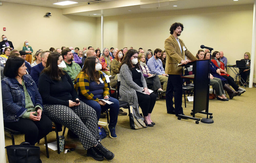 James Cockrum speaks before the McMinn County School Board in a packed meeting room, Thursday, Feb. 10, 2022, in Athens, Tenn. The McMinn County School Board heard from concerned citizens about the removal of the Pulitzer Prize-winning graphic novel about the Holocaust, “Maus," from the district's curriculum at the meeting. 