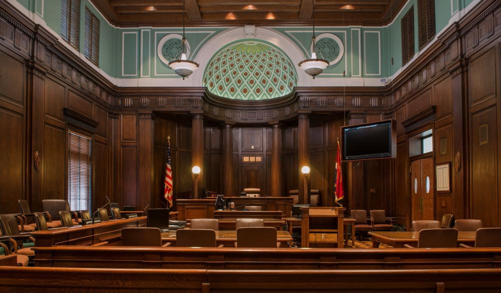 An empty courtroom in the Augusta federal courthouse