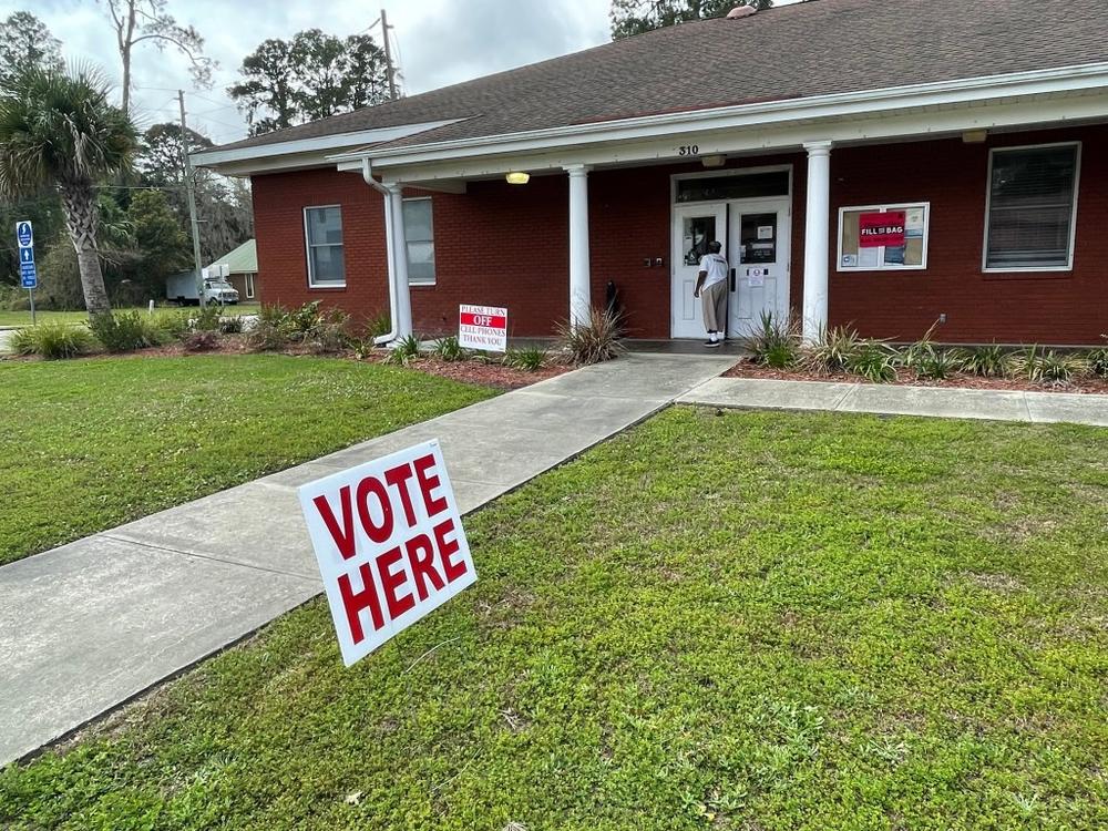 A voter enters the polling place at Woodbine City Hall during the March 8, 2022, referendum on the county land purchase for Spaceport Camden. 