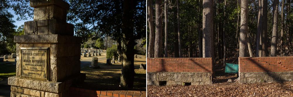 The entrance to the main Mercer Cemetery in Penfield, left, and the gap knocked in the cemetery wall recently for access to the African American cemetery, right. 