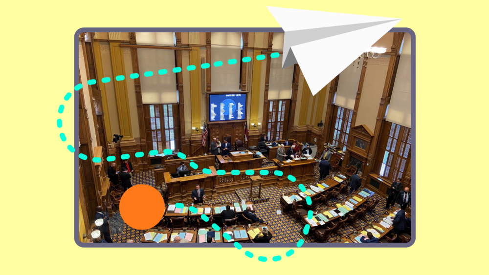 An illustration of a bill flying over the general assembly.