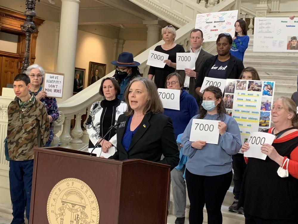 State Sen. Sally Harrell stood with advocates, family members and others at a state Capitol press conference in late February demanding lawmakers step up funding for the 7,000 people who have qualified for services. 