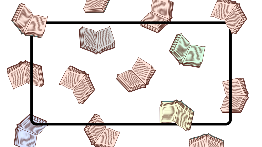 An illustration of books falling from the sky.