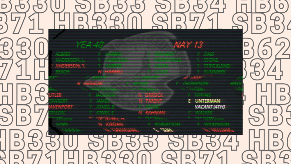 An illustration of numbers and letters behind a distorted image of a screen showing how state lawmakers have voted on an undisclosed bill.