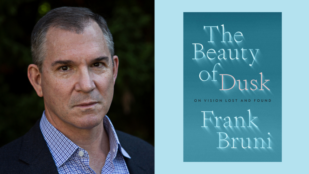 An illustration of author Frank Bruni next to the cover of his book, The Beauty of Dusk.