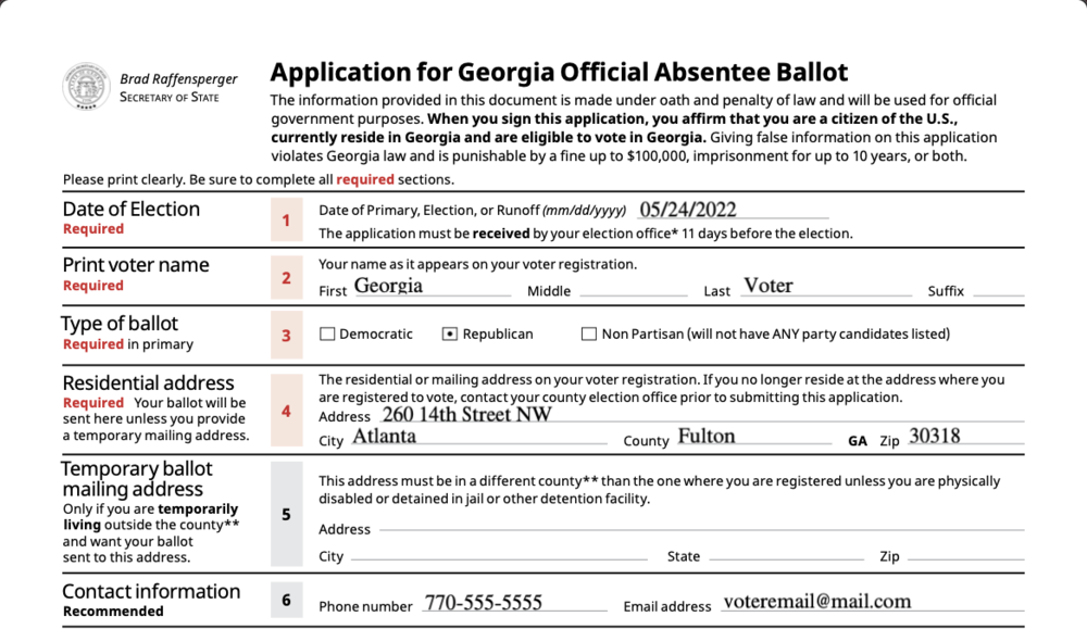 Sample of a Georgia absentee ballot application