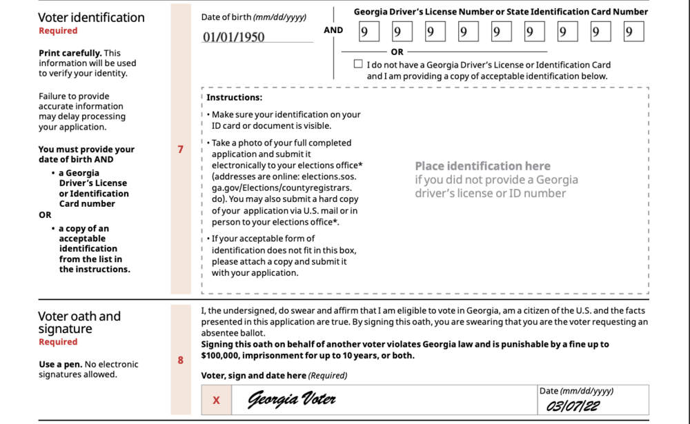 Sample section of Georgia absentee ballot application