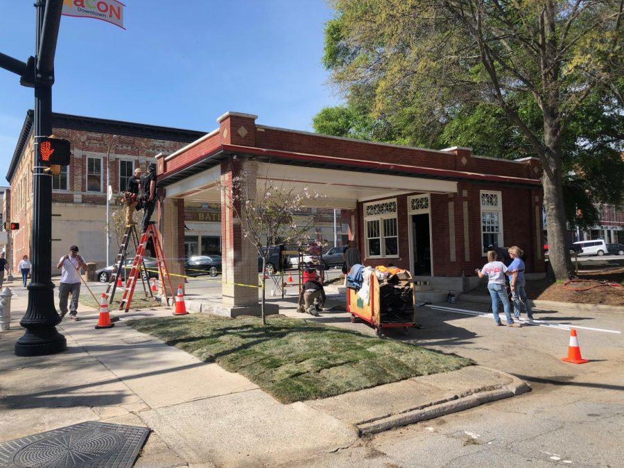 Crews are building a temporary set at Dunlap Park at Third and Poplar streets for ‘The Color Purple’ musical that is filming in downtown Macon in April.