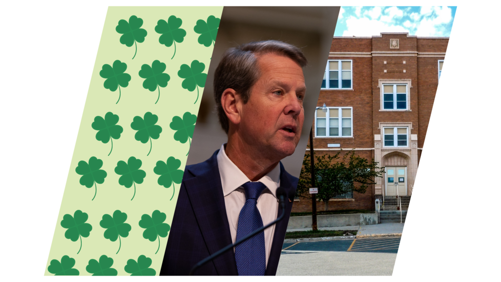A collage of images of Four-leaf clovers, Brian Kemp and a school. These are all subjects discussed on today's show.