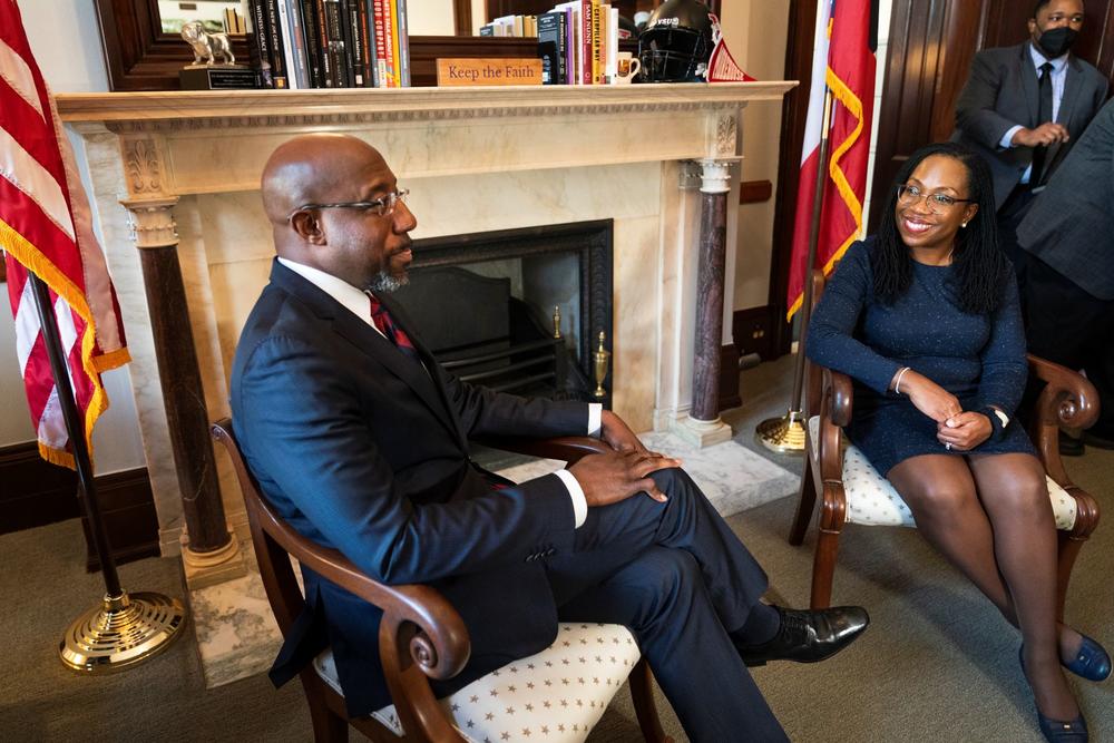 Sen. Raphael Warnock and Ketanji Brown Jackson meet at the U.S. Capitol ahead of her Supreme Court confirmation hearings.