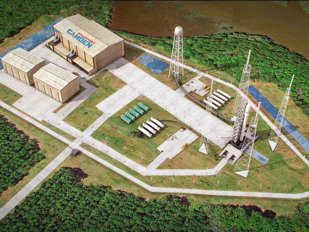 This artist's sketch provided by Spaceport Camden shows the launch pad complex of the proposed Spaceport Camden in Camden County, Ga.