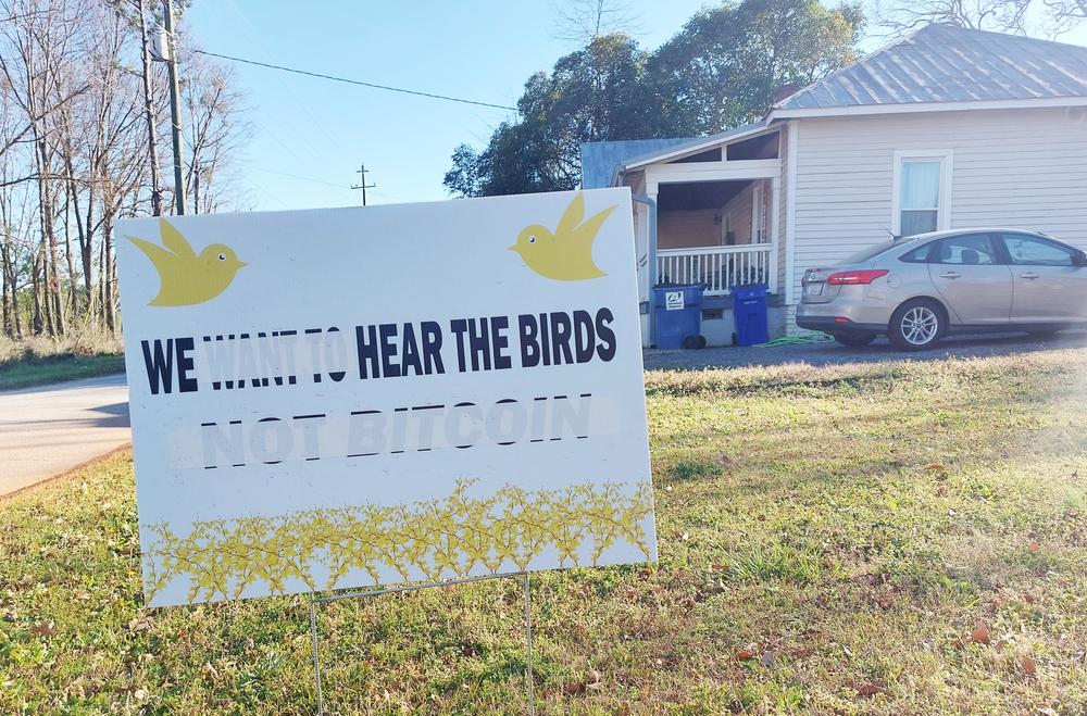 A yard sign protesting the proposed cryptocurrency mine in the town of Forsyth. 