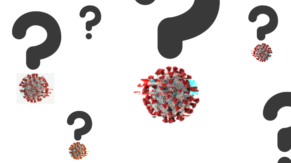 An illustration of questions marks combined with the COVID-19 virus.