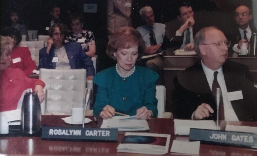 Former First Lady Rosalynn Carter and her long-time advisor Dr. John Gates sit together in 1993 during a forum on mental health in Washington D.C. 