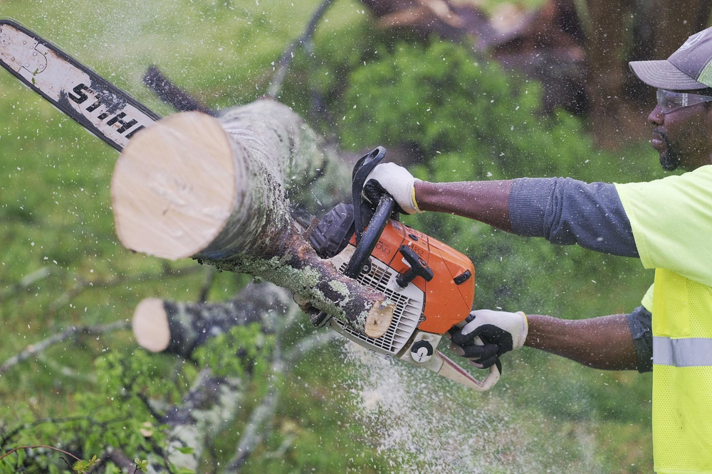 Bibb County Public works employee Alfred Walker clears a city street of downed trees Wednesday morning.