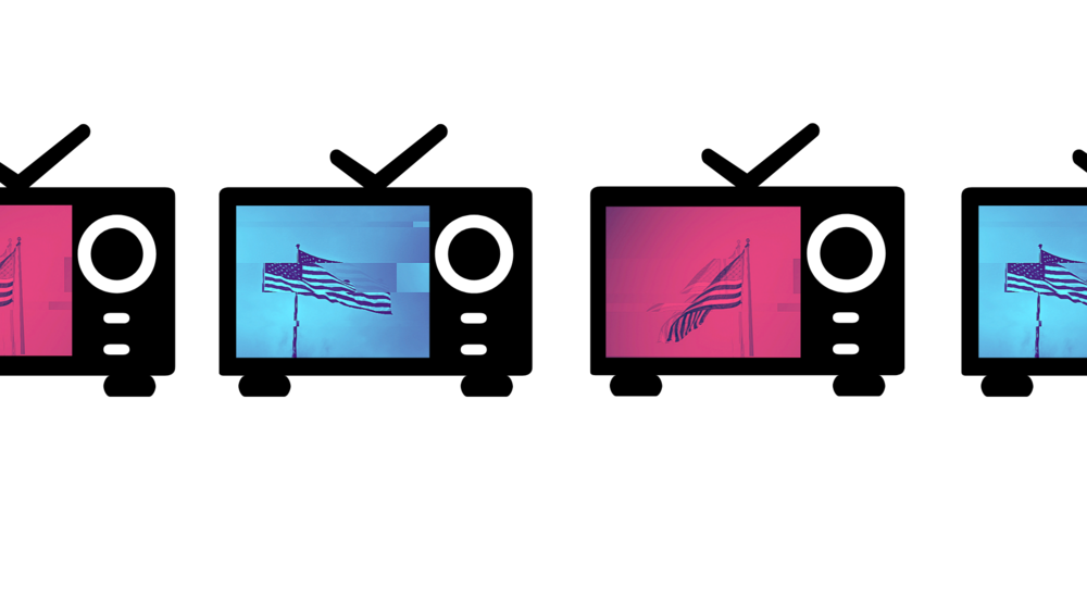 An illustration of televisions depicting red and blue flags.