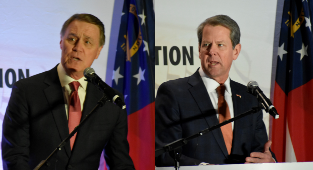 Former Sen. David Perdue, left, and Gov. Brian Kemp, right, will participate in three debates ahead of the Republican primary for governor on May 24. Both campaigns have attacked each other over the handling of elections, the timing of a gun expansion law, and comments about the performance of law enforcement. 