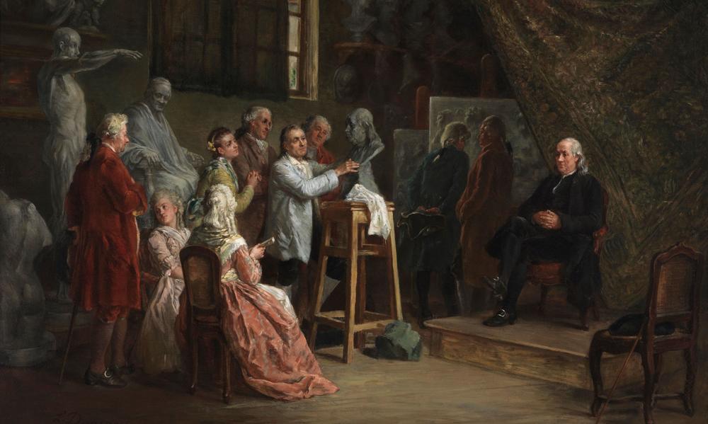 A painting of Ben Franklin sitting in sculptor Jean Antoine Houdon's studio.
