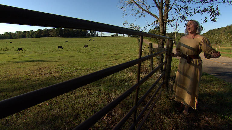 A woman in a long dress singing to cows in a field.