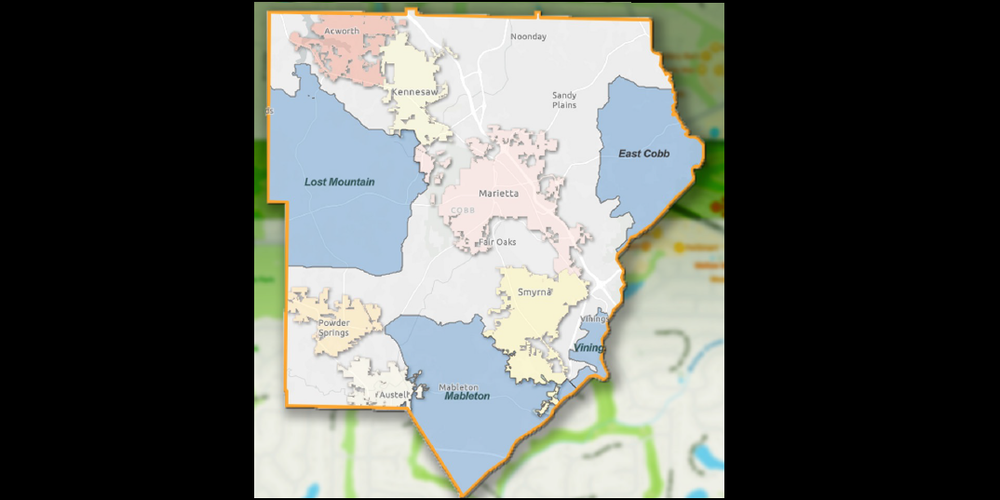  A map shows proposed cities in Cobb County. East Cobb, Lost Mountain and Vinings were voted down Tuesday. Mableton is set for a vote in November. 